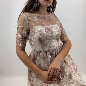 Floral lace sequin formal pink cream maxi gown